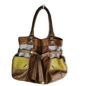 B Makowsky Colorblock Brown Yellow Bone Tan Soft Genuine Leather Handbag Purse